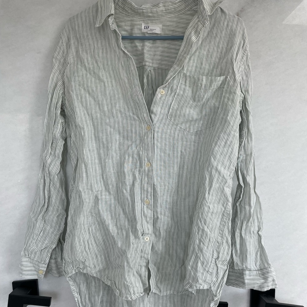 Gap size XS boyfriend fit button down. Green and white striped.